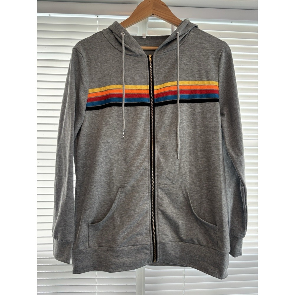 5-stripe Full Zip Hoodie Jacket Large Gray Unisex Rainbow Hooded‎ Pockets